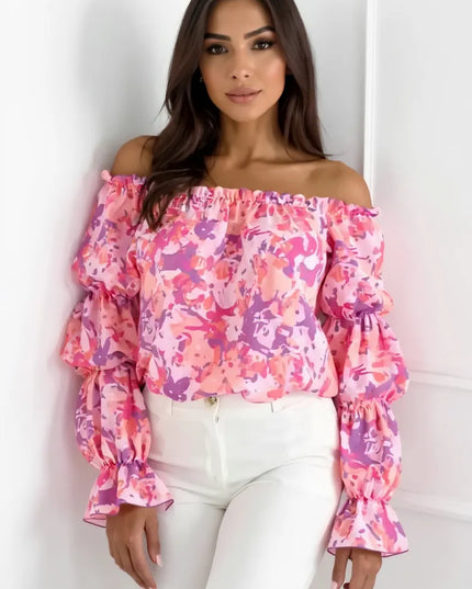 Off-Shoulder Floral Ruffle Blouse with Elastic Neckline Dusty Pink