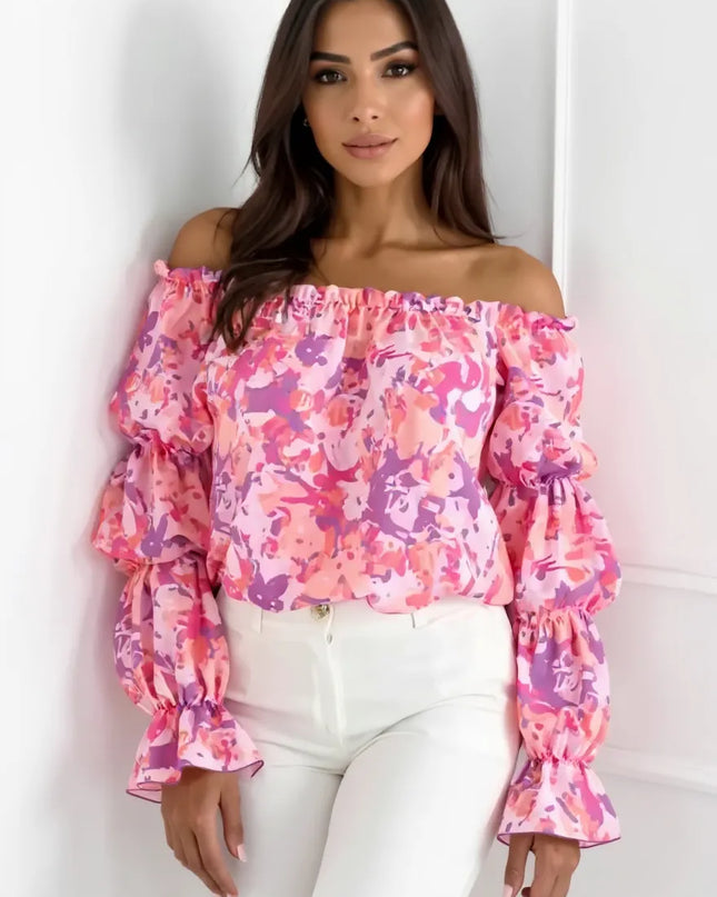 Off-Shoulder Floral Ruffle Blouse with Elastic Neckline Dusty Pink