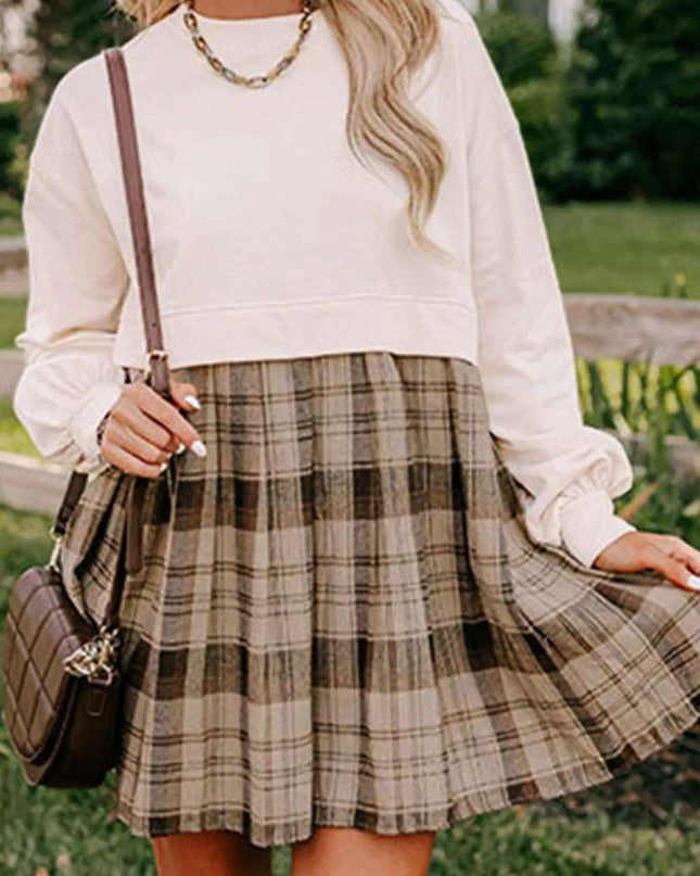 Plaid Round Neck Long Sleeve Mini Dress Beige