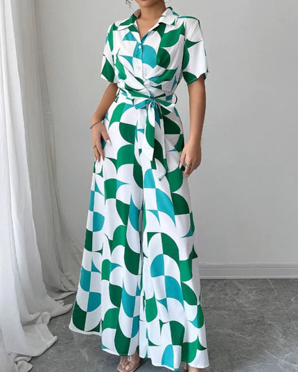 Printed Wide Leg Belted Jumpsuit Turquoise