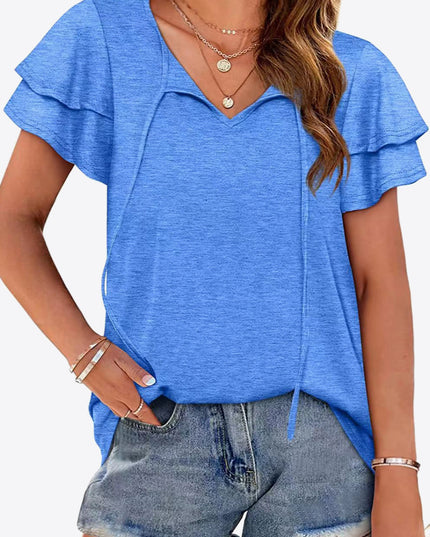 Tie-Neck Layered Flutter Sleeve Blouse Royal Blue