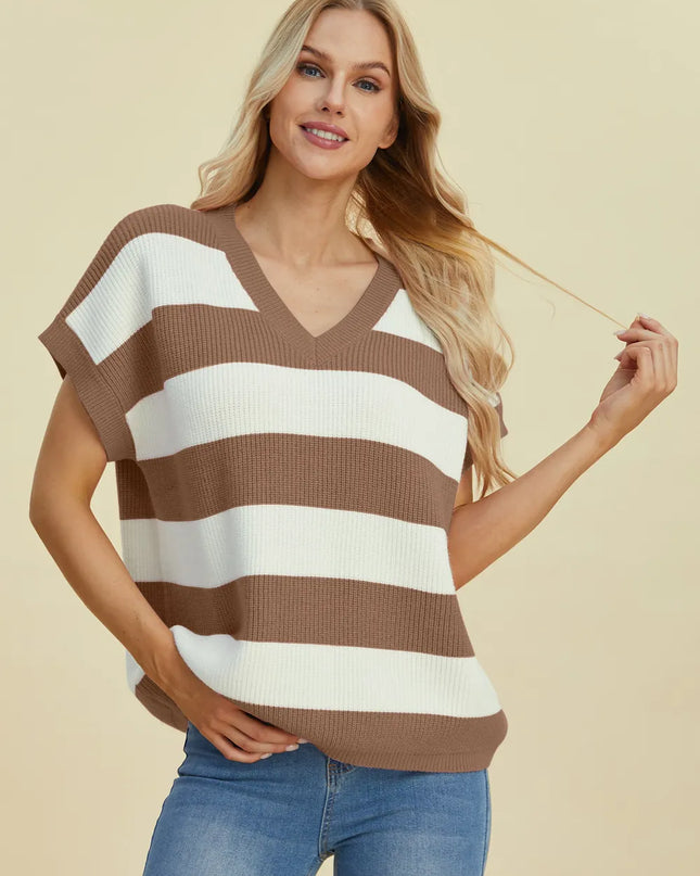 Double Take Full Size Striped V-Neck Short Sleeve Sweater Camel