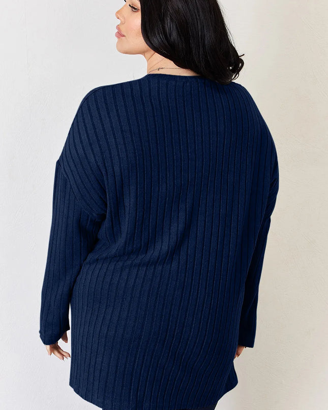 Basic Bae Full Size Ribbed Half Button Long Sleeve High-Low T-Shirt