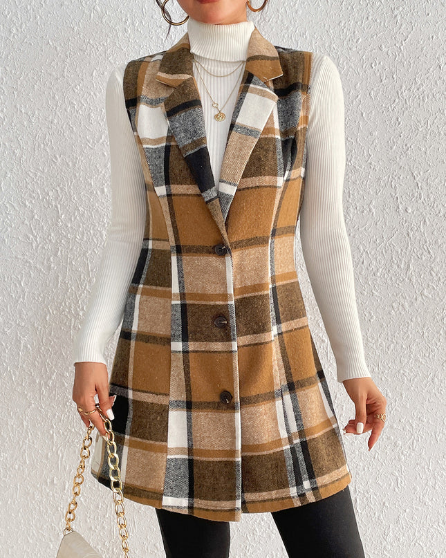 Honey Plaid Lapel Collar Vest