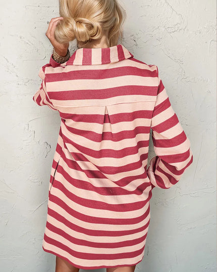 Double Take Full Size Striped Contrast Collared Neck Long Sleeve Dress