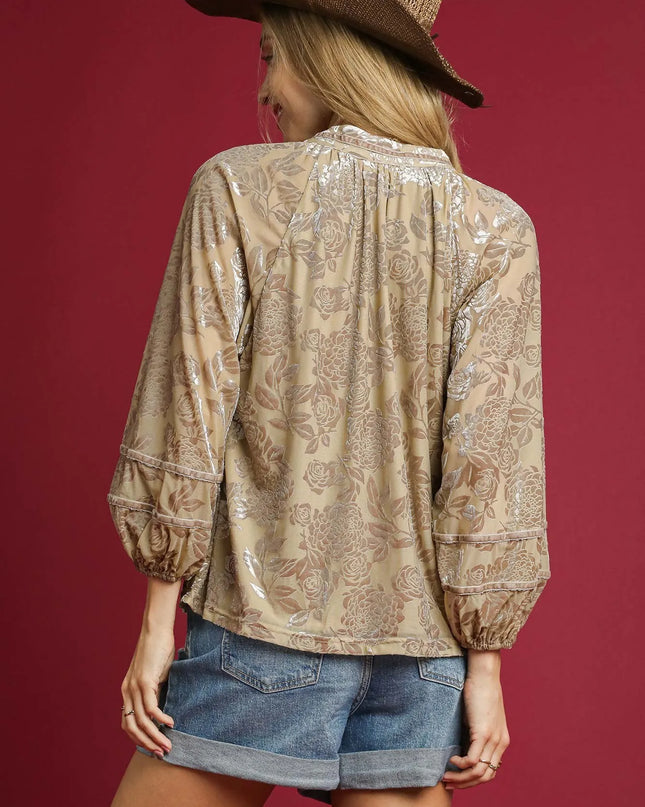 Umgee Floral Velvet Blouse with Balloon Sleeves