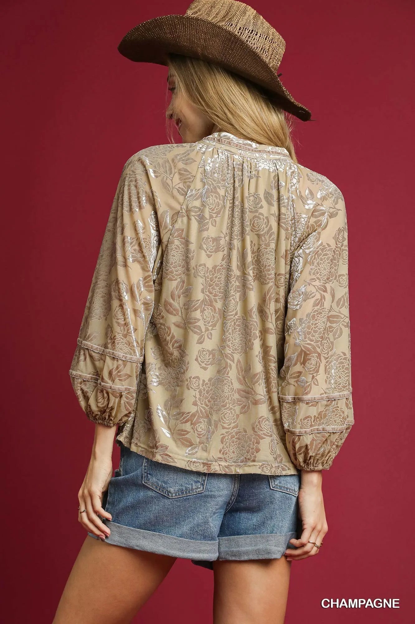 Umgee Floral Velvet Blouse with Balloon Sleeves