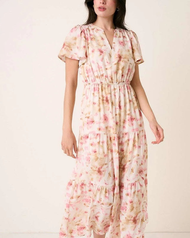 Mittoshop Flower Print Flutter Sleeve V Slit Maxi Dress