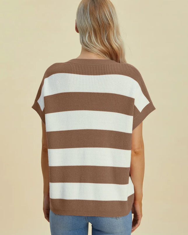 Double Take Full Size Striped V-Neck Short Sleeve Sweater