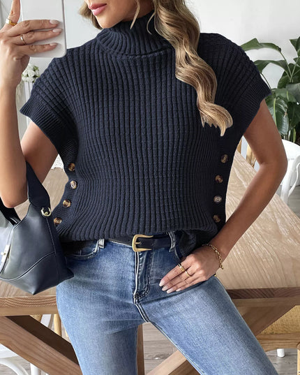Turtleneck Side Decor Button Sweater Vest Navy One Size