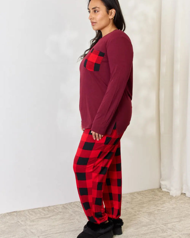 Zenana Full Size Plaid Round Neck Top and Pants Pajama Set