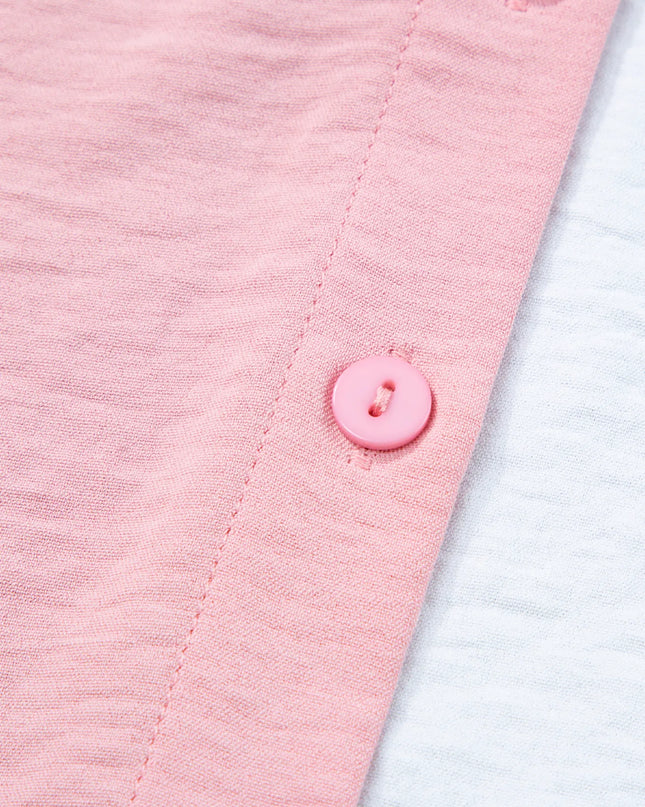 Color Block Oversized Button-Up Shirt with Chest Pocket 