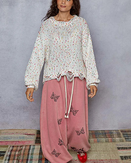 POL Round Neck Fringed Hem Sweater