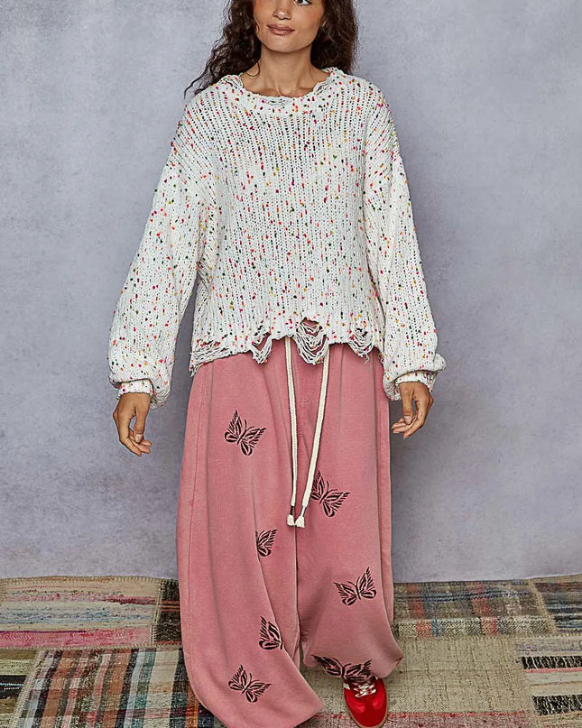 POL Round Neck Fringed Hem Sweater