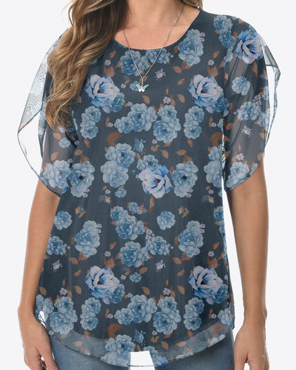 Printed Round Neck Curved Hem Blouse Dusty Blue