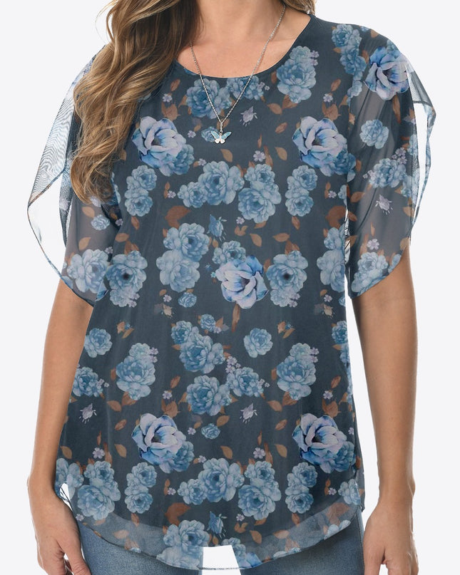 Printed Round Neck Curved Hem Blouse Dusty Blue