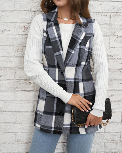 Plaid Button Down Vest Coat Gray