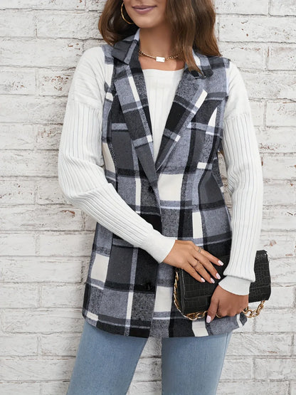 Plaid Button Down Vest Coat Gray