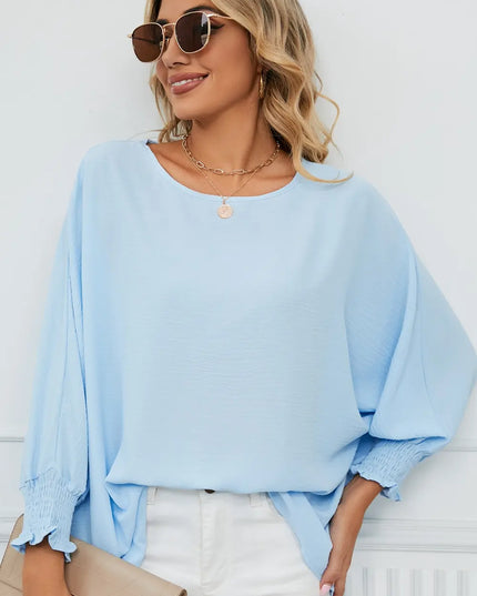 Smocked Lantern Sleeve Round Neck Blouse