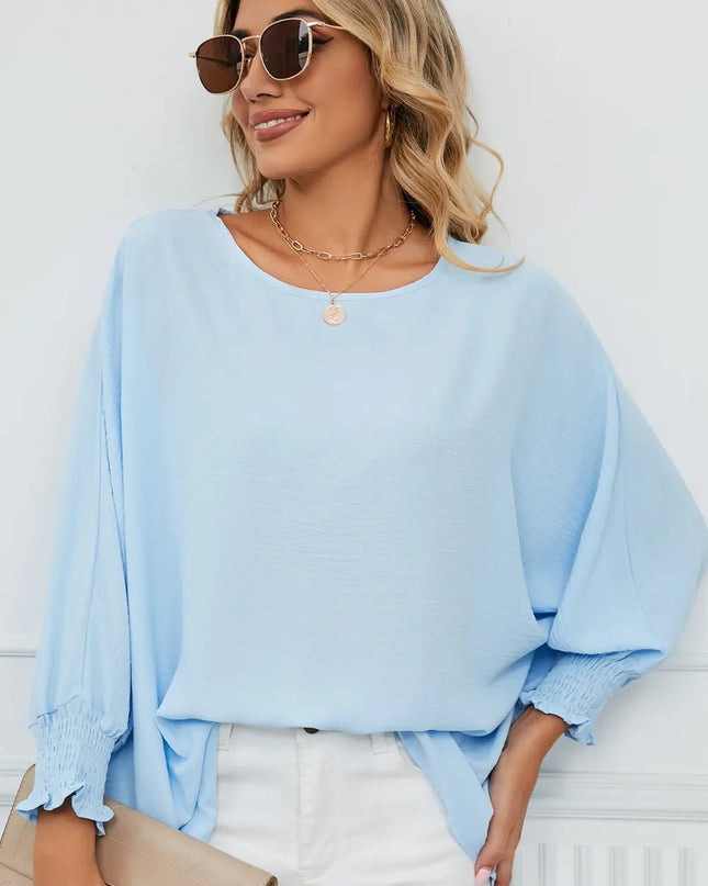 Smocked Lantern Sleeve Round Neck Blouse