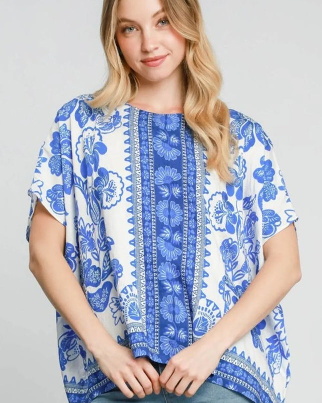 Umgee Full Size Floral Border Print Oversized Top Plus Size Blue