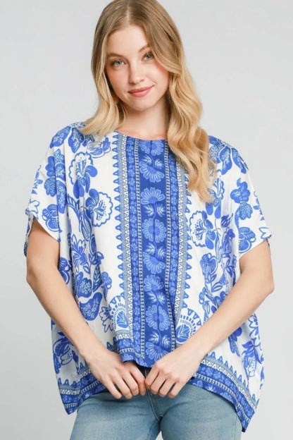 Umgee Full Size Floral Border Print Oversized Top Plus Size Blue
