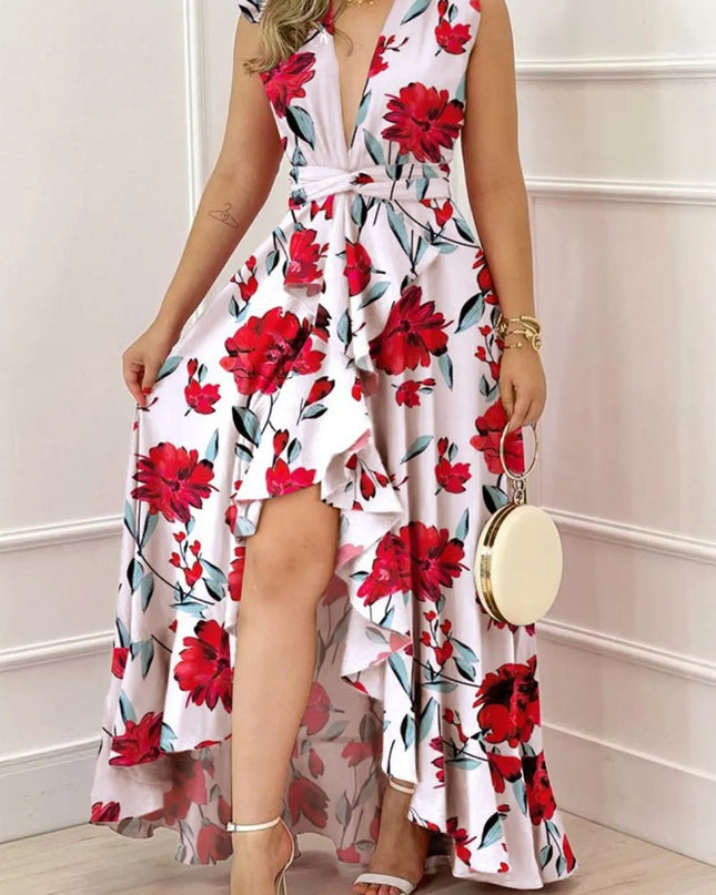 Ruffled Plunge Sleeveless Maxi Dress 
