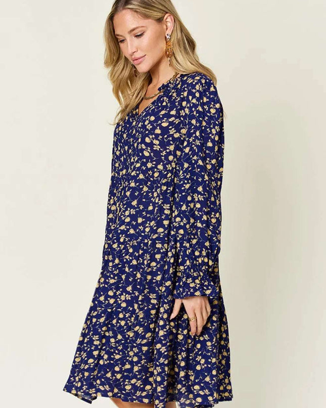 Double Take Full Size Printed Ruffle Hem Long Sleeve Tiered Dress