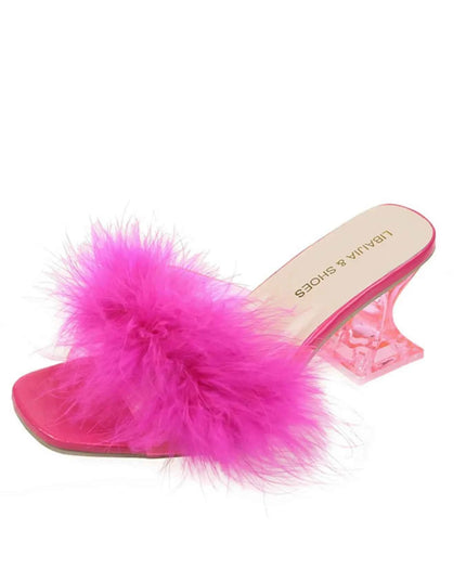 Fluffy Strap Block Heel Sandals