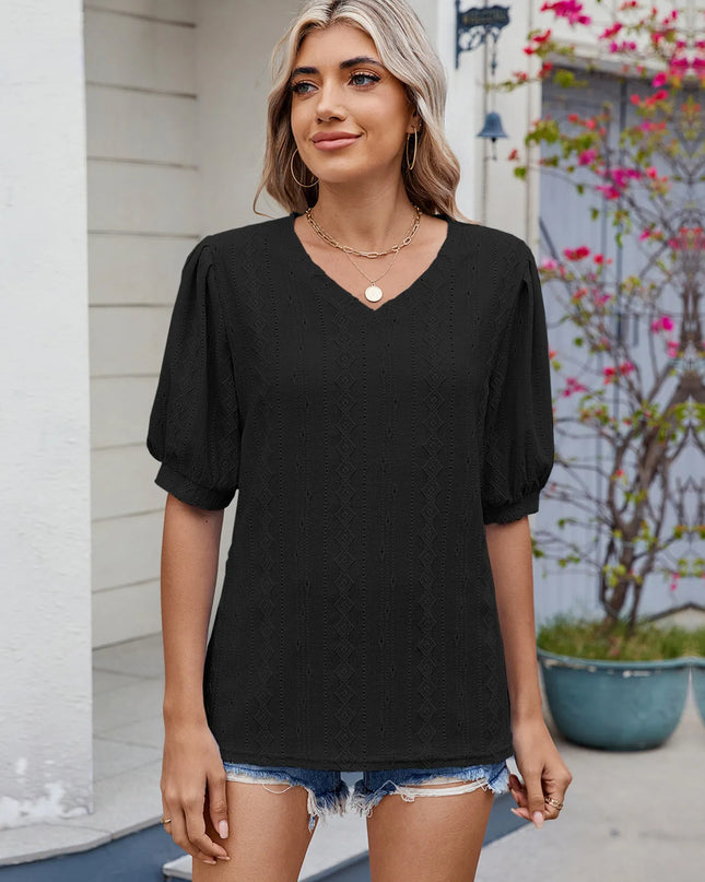 Eyelet V-Neck Puff Sleeve Casual Top 