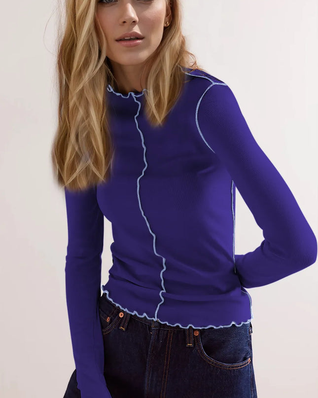 Basic Bae Contrast Trim Mock Neck Long Sleeve T-Shirt Indigo