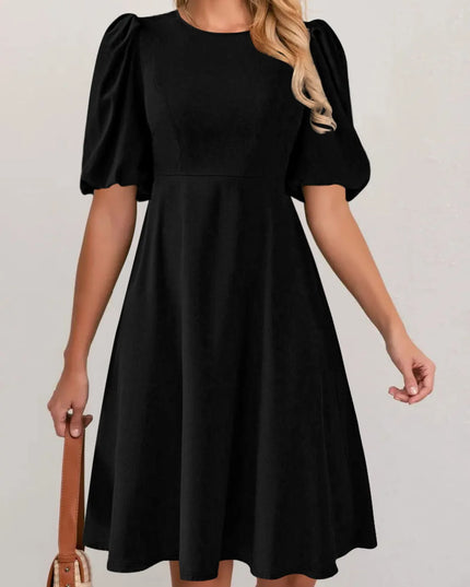 Round Neck Puff Sleeve A-Line Dress