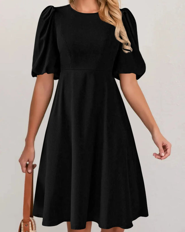 Round Neck Puff Sleeve A-Line Dress