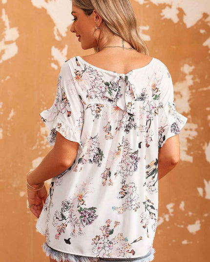 Floral Boat Neck Flounce Sleeve Blouse