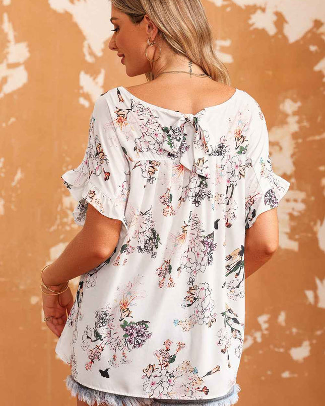 Floral Boat Neck Flounce Sleeve Blouse