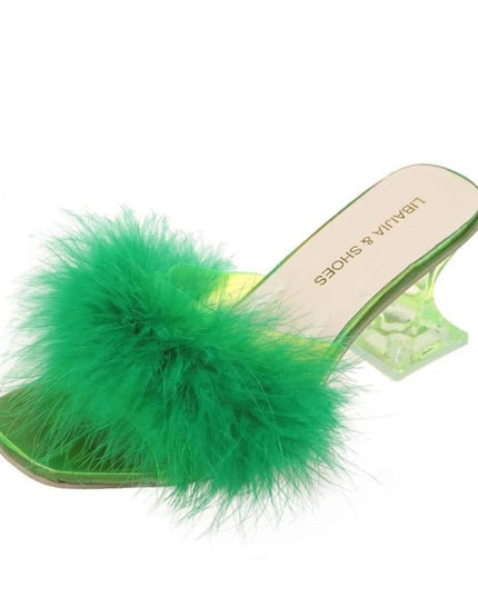 Fluffy Strap Block Heel Sandals