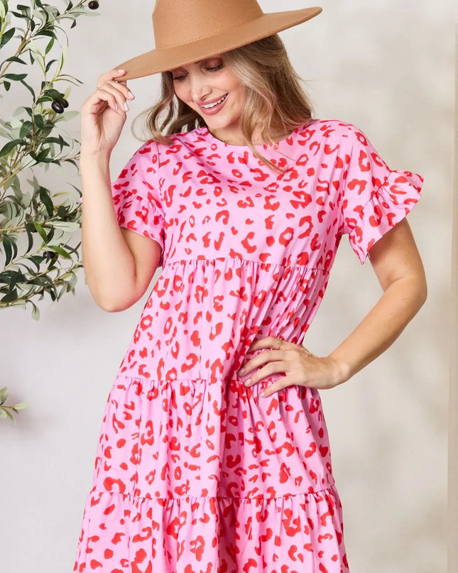 Double Take Short Flounce Sleeve Tiered Dress Pink