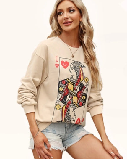 Queen of Hearts Playing Card Graphic Round Neck Sweatshirt