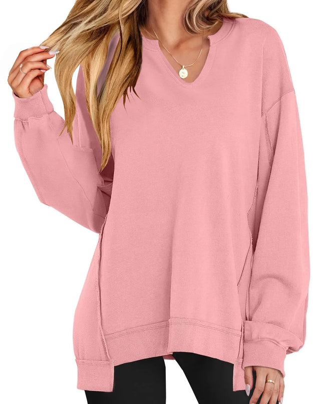Notched Long Sleeve Oversized Sweatshirt Pink