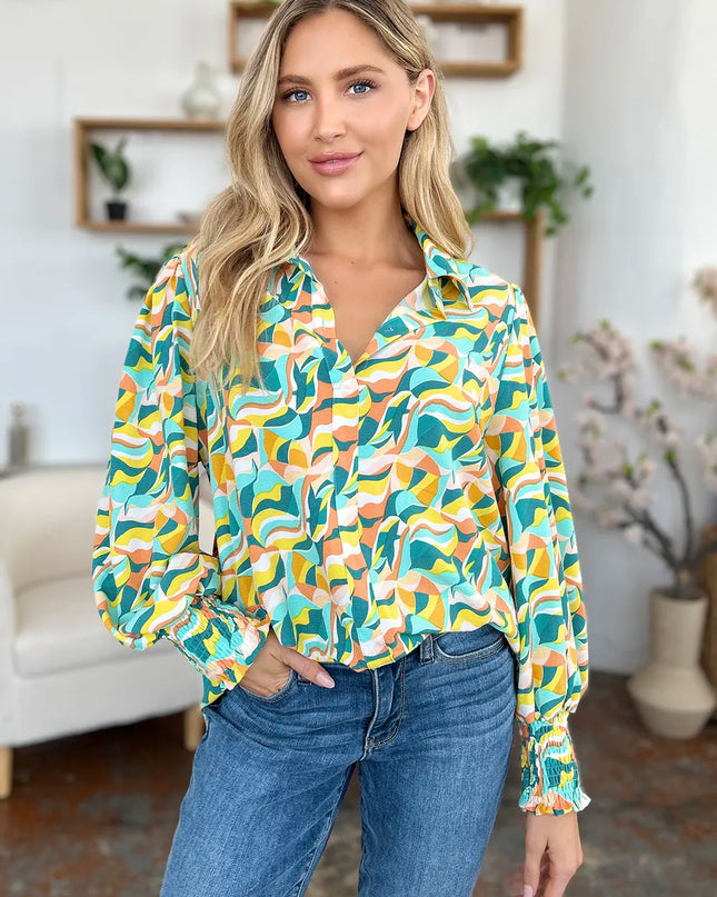 Double Take Full Size Printed Smocked Long Sleeve Blouse