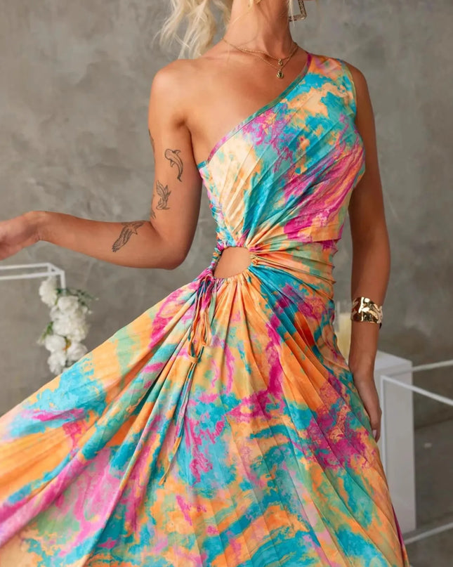Printed One Shoulder Asymmetrical Maxi Dress Color