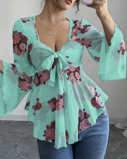 Floral Tie Front Flare Sleeve Blouse