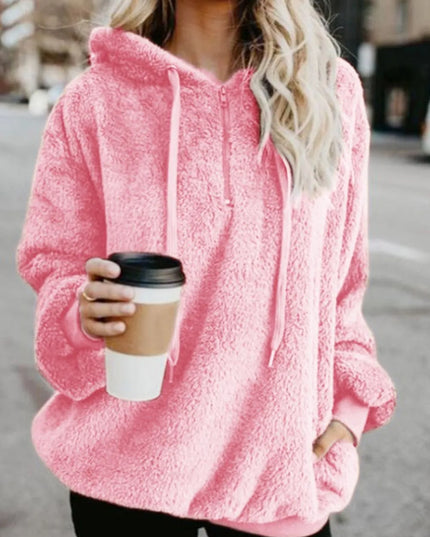 Full Size Quarter-Zip Drawstring Teddy Hoodie Blush Pink
