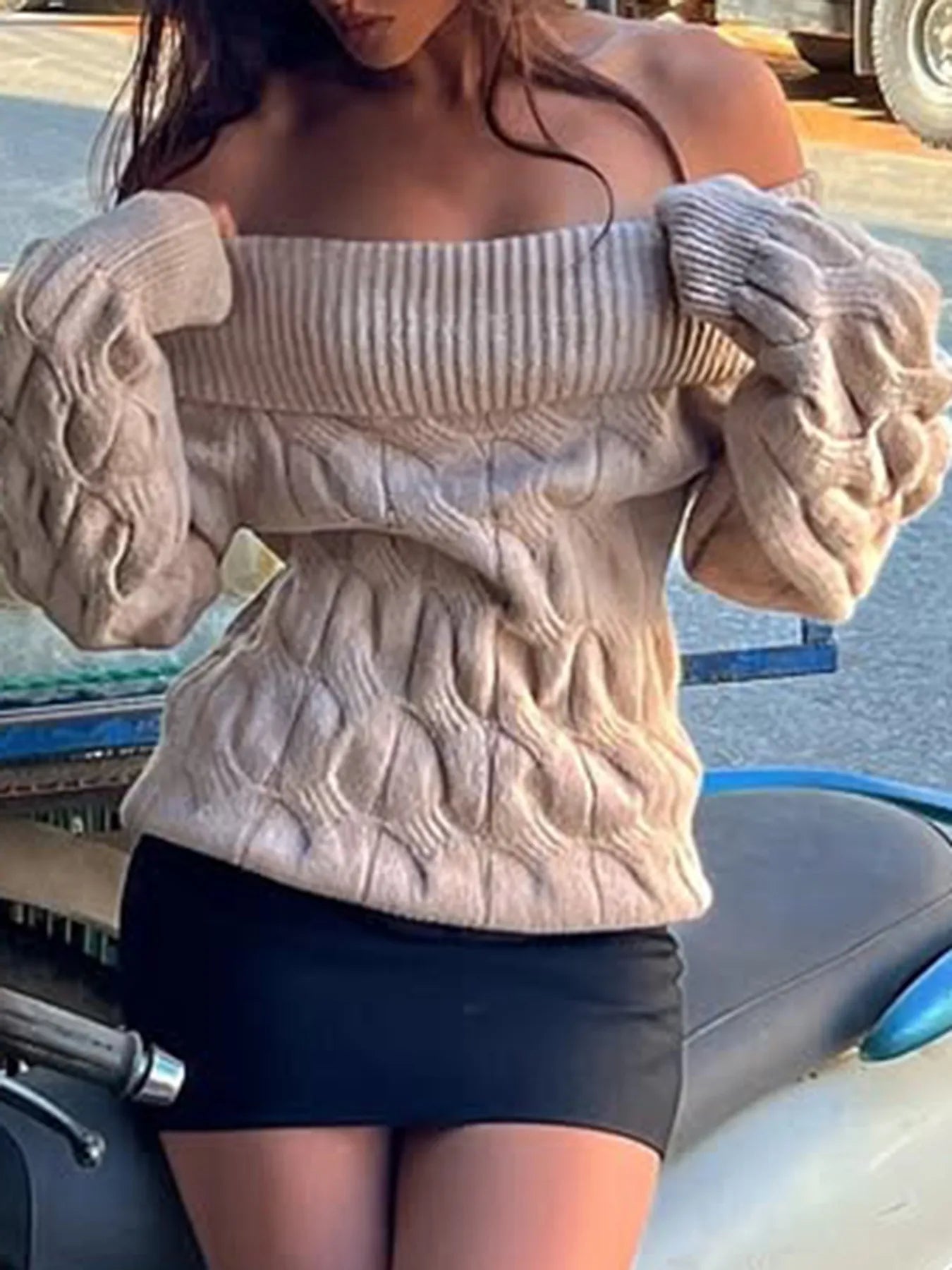 Cable Knit Off-Shoulder Sweater Khaki