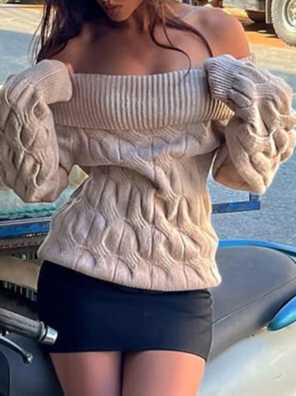 Cable Knit Off-Shoulder Sweater Khaki