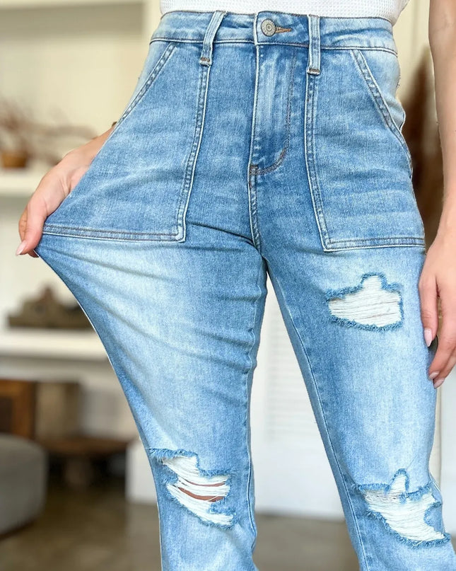Judy Blue Full Size Distressed Straight Jeans with Patch Pockets