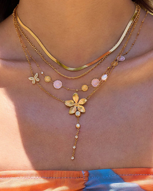 3-Piece 18K Gold-Plated Stainless Steel Flower Necklace Gold One Size