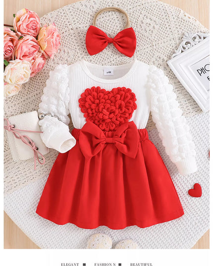 Children's Heart Bowknot Decor Dress with Headband Red