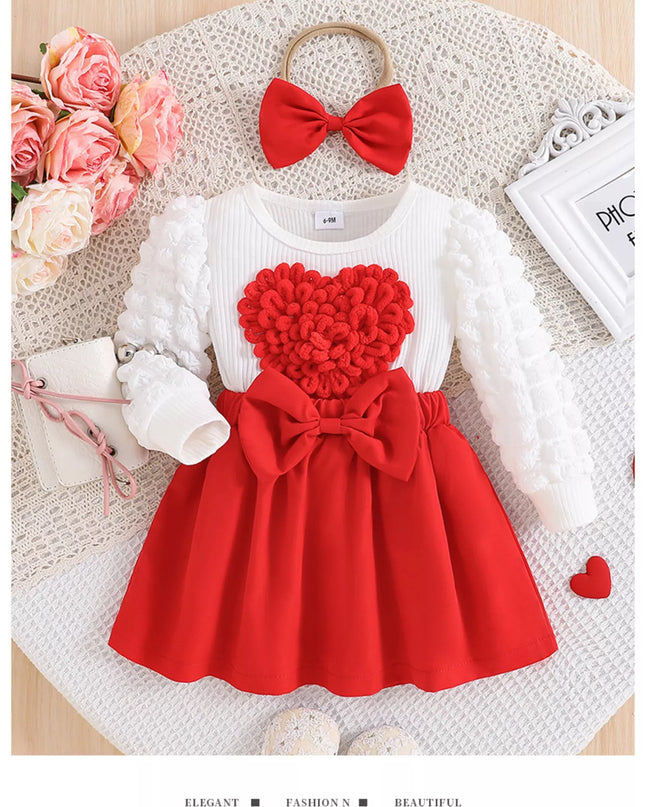 Children's Heart Bowknot Decor Dress with Headband Red