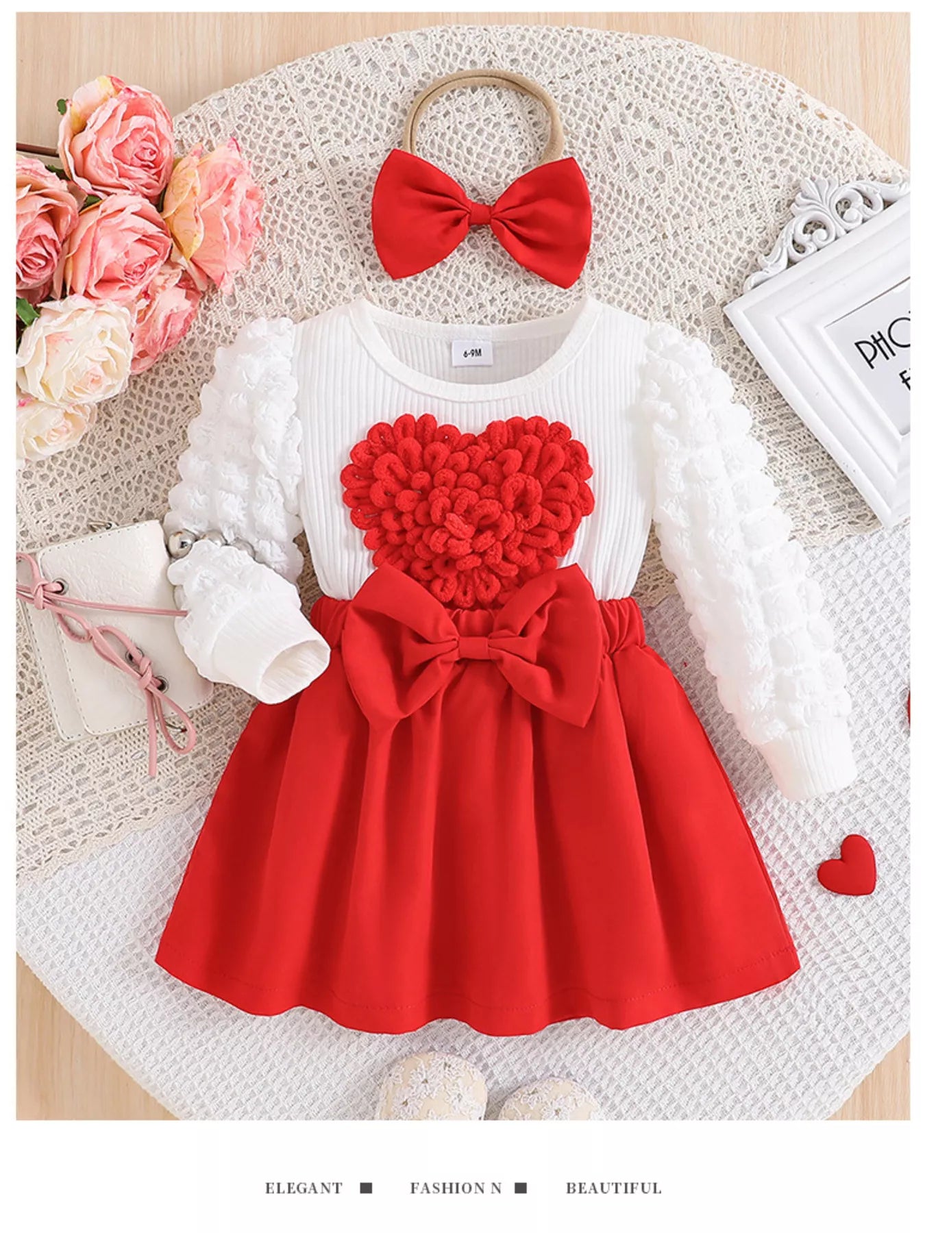 Children's Heart Bowknot Decor Dress with Headband Red